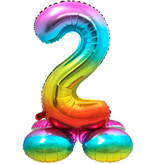 Regenboog Folieballon Cijfer 2 Op Standaard - 72cm