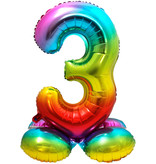 Regenboog Folieballon Cijfer 3 Op Standaard - 72cm