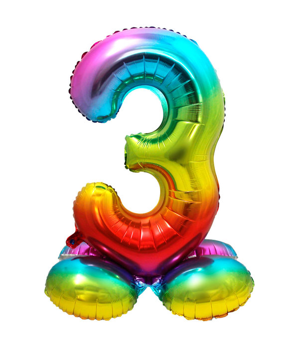 Regenboog Folieballon Cijfer 3 Op Standaard - 72cm