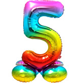 Regenboog Folieballon Cijfer 5 Op Standaard - 72cm