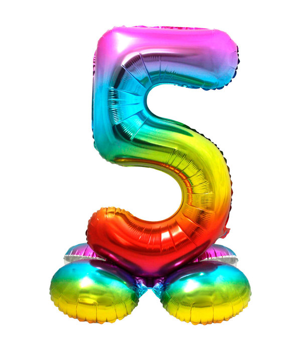 Regenboog Folieballon Cijfer 5 Op Standaard - 72cm