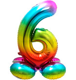 Regenboog Folieballon Cijfer 6 Op Standaard - 72cm