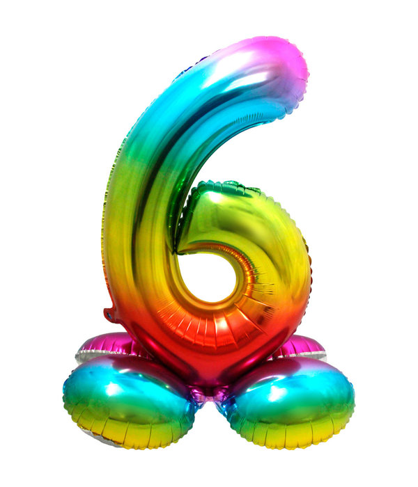 Regenboog Folieballon Cijfer 6 Op Standaard - 72cm