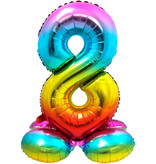 Regenboog Folieballon Cijfer 8 Op Standaard - 72cm