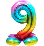 Regenboog Folieballon Cijfer 9 Op Standaard - 72cm
