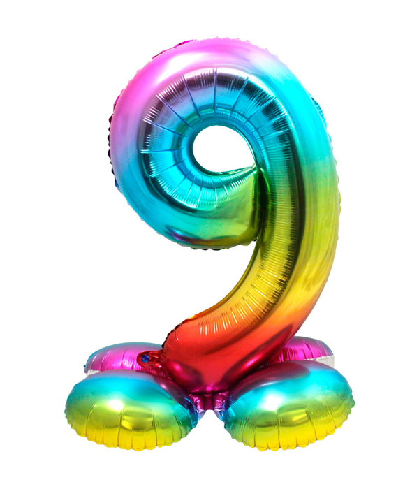 Regenboog Folieballon Cijfer 9 Op Standaard - 72cm