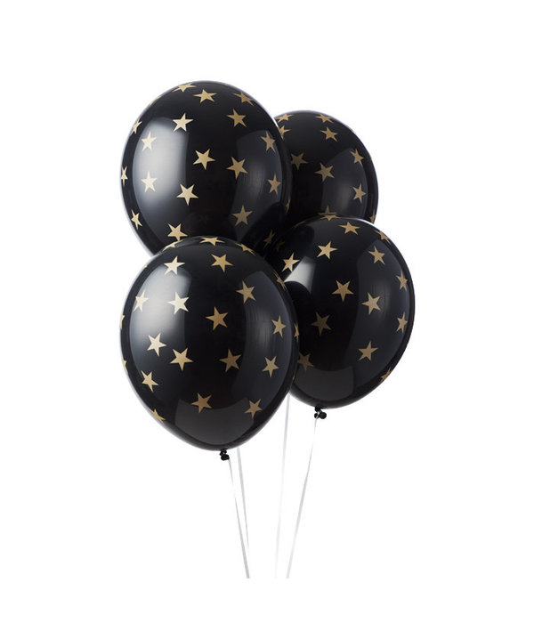 6 zwarte pastel ballonnen met gouden sterretjes