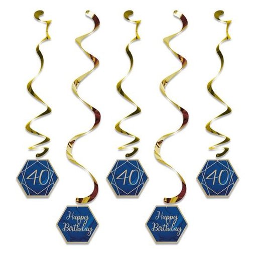 Hangdecoratie Swirls 40 jaar Navy Blauw/ Goud (5st)