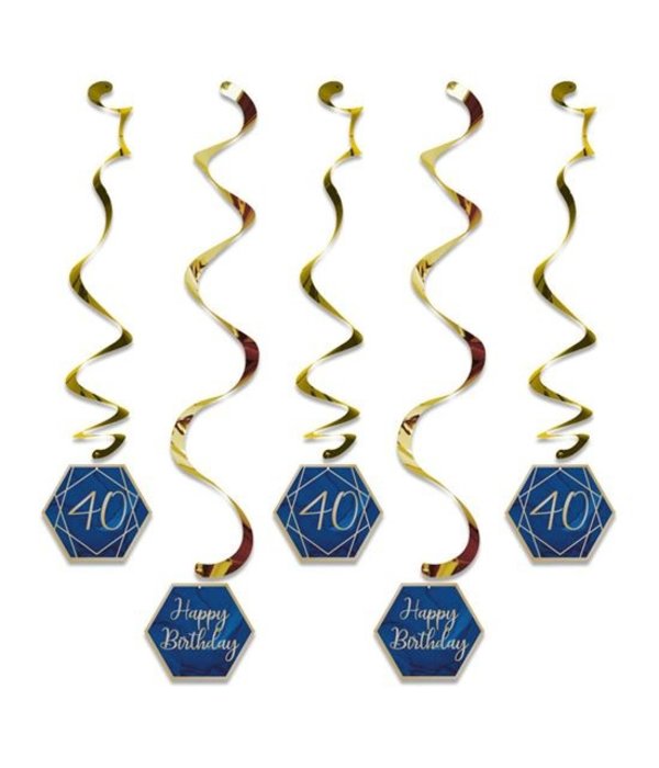 Hangdecoratie Swirls 40 jaar Navy Blauw/ Goud (5st)