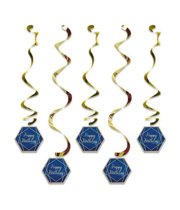 Hangdecoratie Swirls Happy Birthday Navy Blauw/Goud (5st)