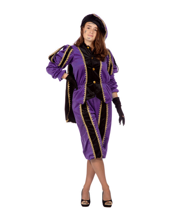 Pieten pak vrouw imitatie fluweel paars/zwart