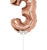 Folieballon Cijfer '3' Rose Goud 40cm met stokje