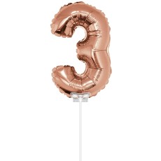 Folieballon Cijfer '3' Rose Goud 40cm met stokje