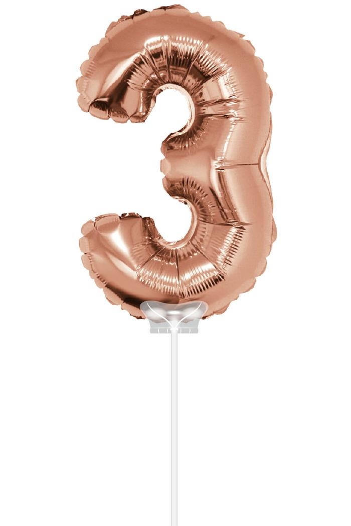 Folieballon Cijfer &apos;3&apos; Rose Goud 40cm met stokje