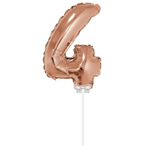 Folieballon Cijfer '4' Rose Goud 40cm met stokje