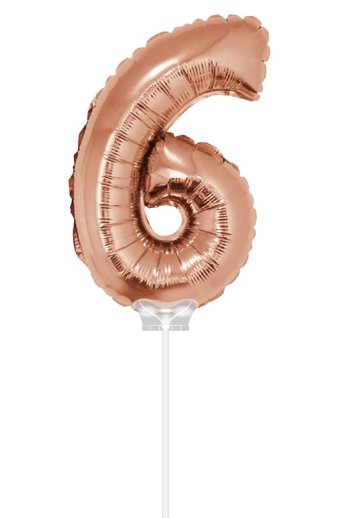 Folieballon Cijfer '6' Rose Goud 40cm met stokje