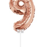 Folieballon Cijfer '9' Rose Goud 40cm met stokje