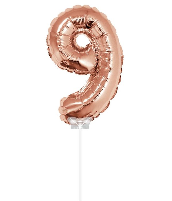 Folieballon Cijfer '9' Rose Goud 40cm met stokje