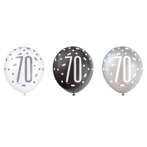 Ballonnen 70 Jaar Zwart en Zilver Glitz (6st)