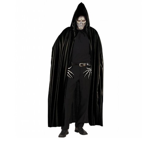 Lange zwarte cape met kap 142cm