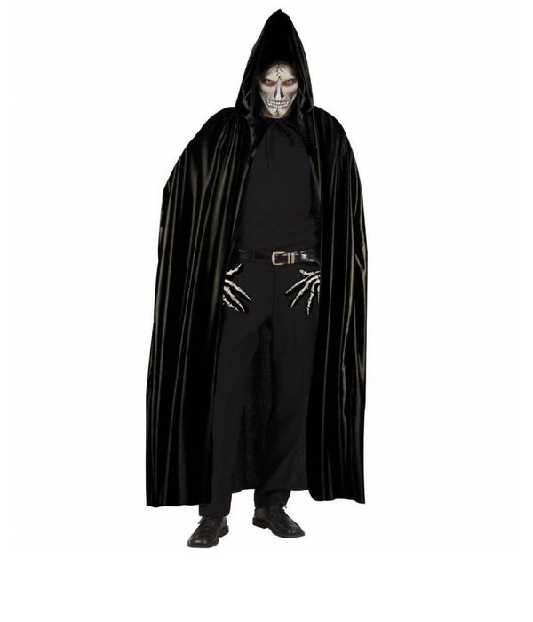 Lange zwarte cape met kap 142cm