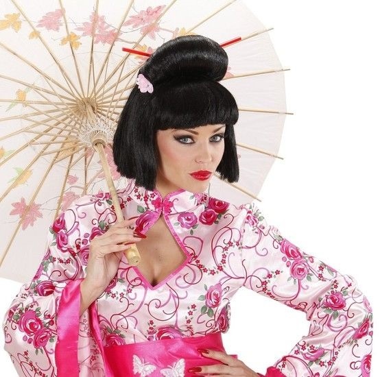 Pruik Geisha met Bloem en Chopsticks afbeelding