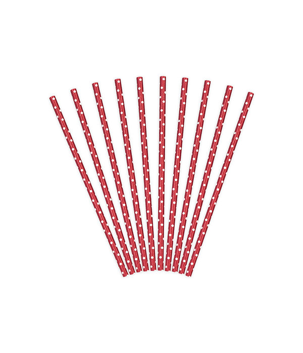 Papieren Rietjes Rood  Met Witte Stippen (10st)