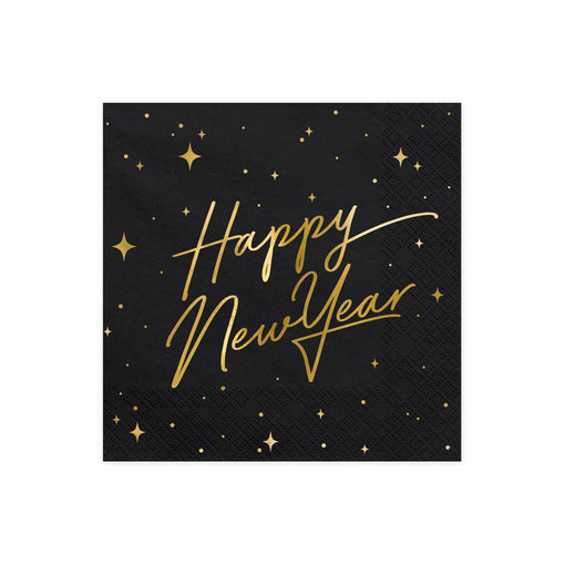 Happy New Year Servetten zwart/goud 20st