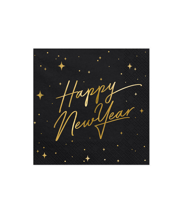 Happy New Year Servetten zwart/goud 20st