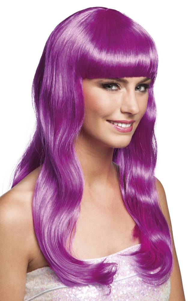 Pruik Lang Haar Pony Paars Chique afbeelding