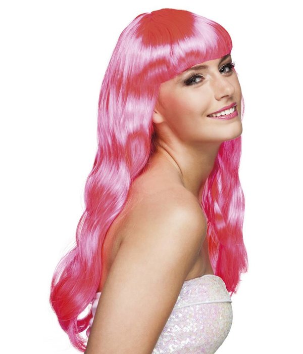 Pruik lang haar pony roze Chique