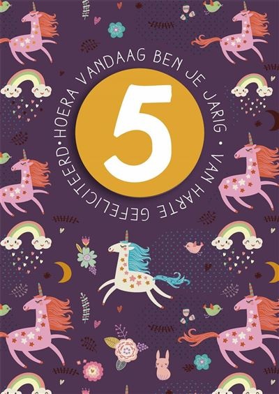 Verjaardagskaart 5 Jaar Unicorns afbeelding