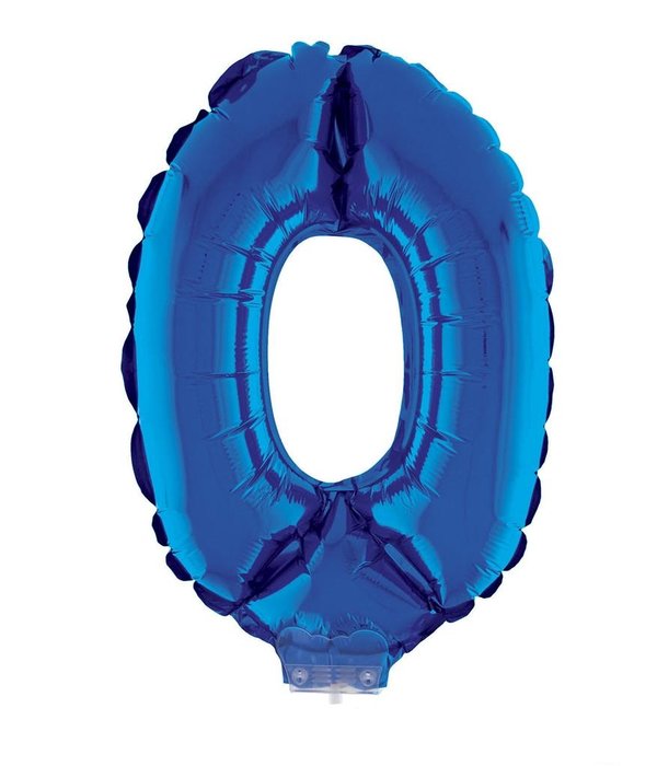 Folieballon Klein Cijfer '0' Blauw Met Stokje (41cm)
