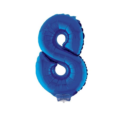 Folieballon Klein Cijfer '8' Blauw Met Stokje (41cm)