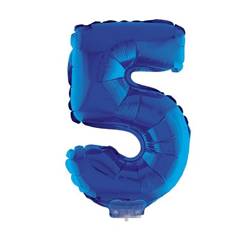 Folieballon Klein Cijfer '5' Blauw Met stokje (41cm)