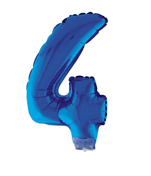 Folieballon Klein Cijfer '4' Blauw Met Stokje (41cm)