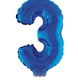 Folieballon Klein Cijfer '3' Blauw Met Stokje (41cm)
