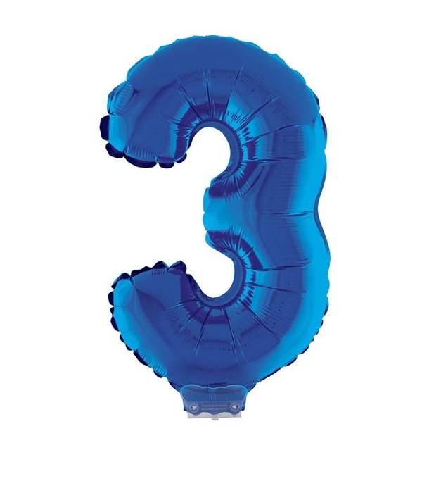 Folieballon Klein Cijfer '3' Blauw Met Stokje (41cm)