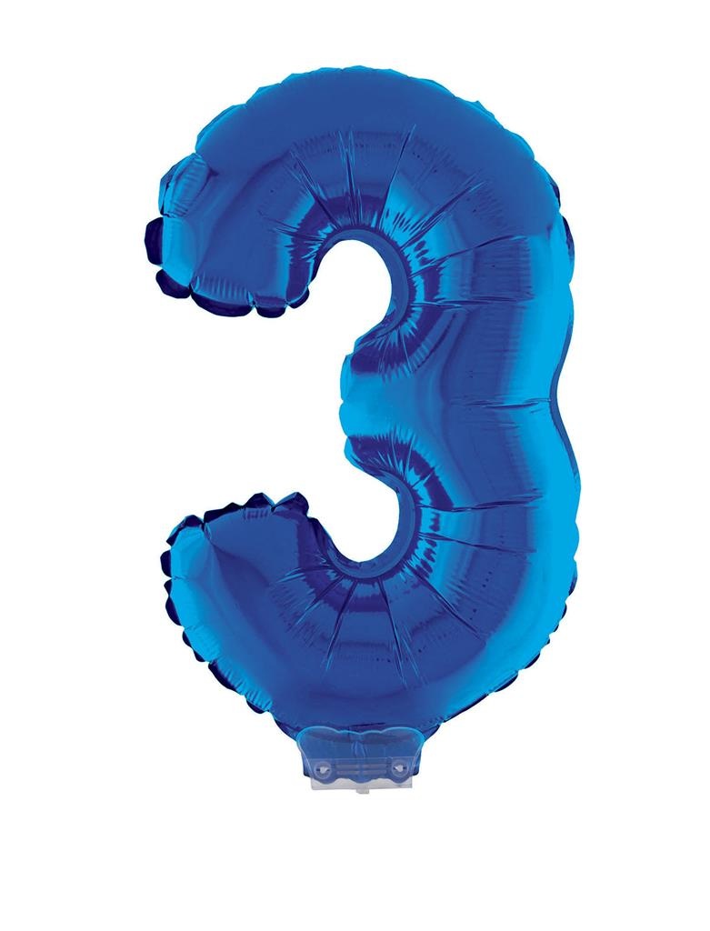 Folieballon Klein Cijfer &apos;3&apos; Blauw Met Stokje (41cm) afbeelding
