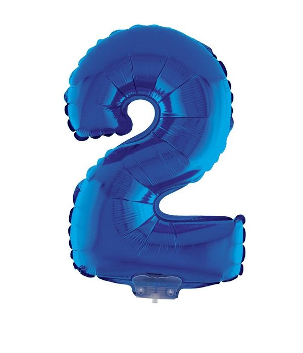 Folieballon Klein Cijfer '2' Blauw Met Stokje (41cm)