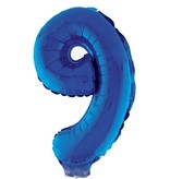 Folieballon Klein Cijfer '9' Blauw Met Stokje (41cm)