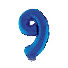 Folieballon Klein Cijfer '9' Blauw Met Stokje (41cm)