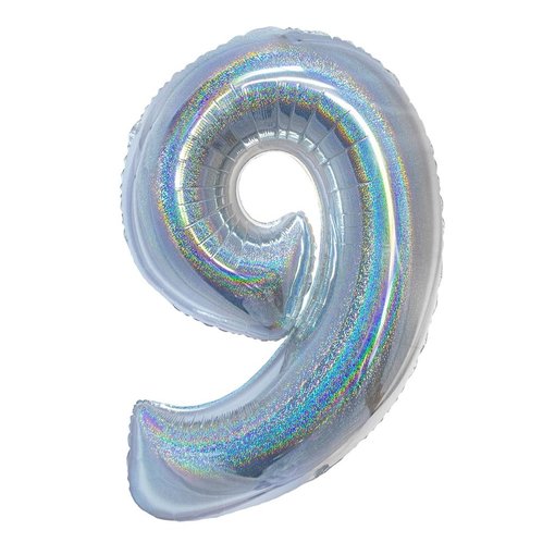 Folieballon Holografisch Zilver Cijfer '9' - 102cm