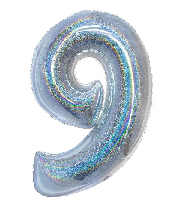 Folieballon Holografisch Zilver Cijfer '9' - 102cm