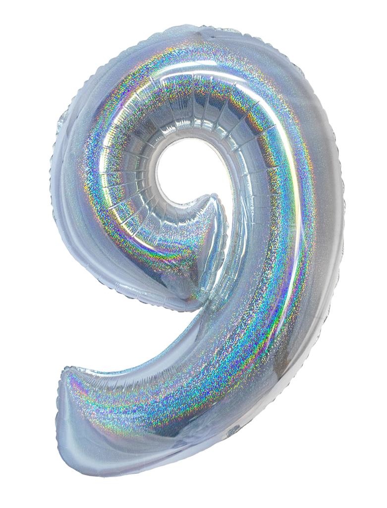 Folieballon Holografisch Zilver Cijfer &apos;9&apos; - 102cm afbeelding