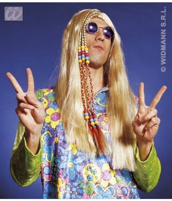 Hippy Party pruik blond met gekleurde kralen