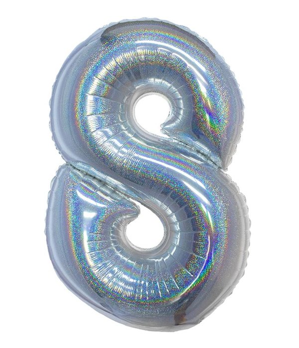 Folieballon Holografisch Zilver Cijfer '8' - 102cm