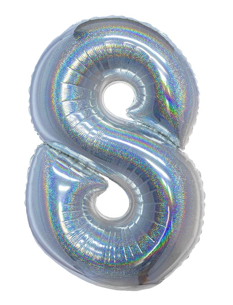 Folieballon Holografisch Zilver Cijfer &apos;8&apos; - 102cm afbeelding