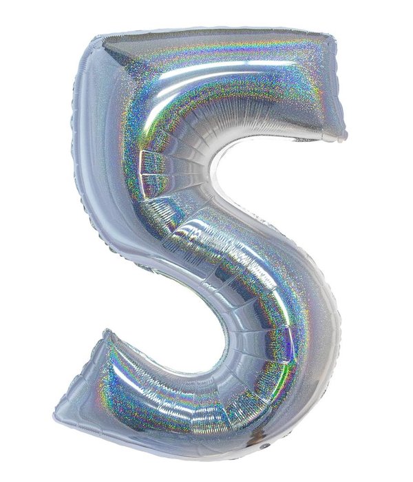 Folieballon Holografisch Zilver Cijfer '5' - 102cm