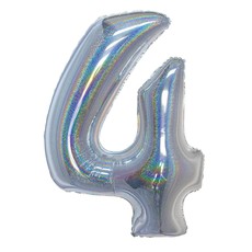 Folieballon Holografisch Zilver Cijfer '4' - 102cm